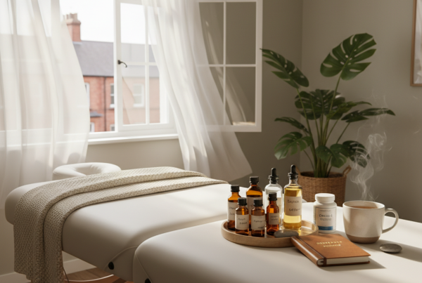 Soft morning light fills a peaceful massage studio in Stoke-on-Trent. A folded blanket rests on a massage table, beside neatly arranged glass bottles of massage oil and a small notebook titled Posture Reset. A warm cup of tea steams gently next to a bottle of omega-3 supplements. In the background, a green plant and an open window suggest freshness and air circulation. The scene feels clean, quiet, and full of balance — a visual metaphor for alignment and renewal.