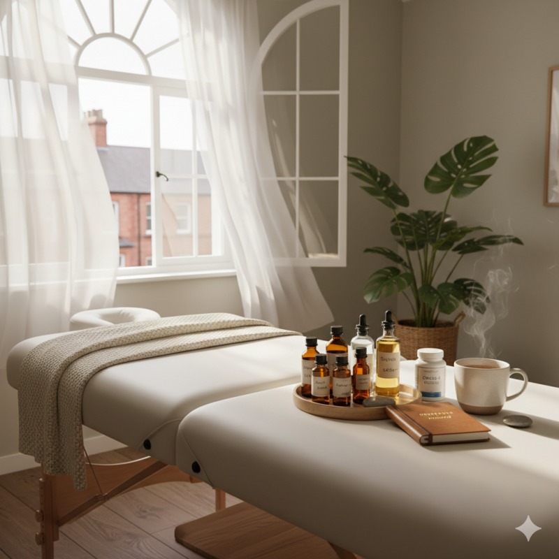 Soft morning light fills a peaceful massage studio in Stoke-on-Trent. A folded blanket rests on a massage table, beside neatly arranged glass bottles of massage oil and a small notebook titled Posture Reset. A warm cup of tea steams gently next to a bottle of omega-3 supplements. In the background, a green plant and an open window suggest freshness and air circulation. The scene feels clean, quiet, and full of balance — a visual metaphor for alignment and renewal.