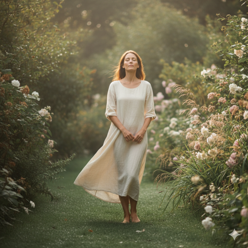 A woman in soft spring light practices slow breathing in a quiet garden. She stands barefoot on grass, her posture relaxed, eyes closed, sunlight warming her face. Around her, green leaves move gently in the breeze. The scene feels peaceful, real, and alive — simple natural light, muted tones, no staging.