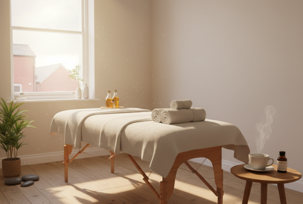A calm morning inside a massage studio in Stoke-on-Trent. Natural light filters through a large window, touching a prepared massage table with white towels and glass bottles of oil. A steaming cup of tea rests nearby beside a small vitamin D bottle. The mood is serene, fresh, and full of quiet renewal.