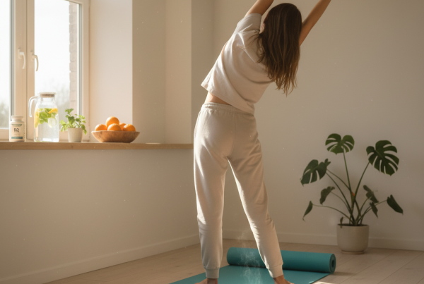 A peaceful kitchen scene flooded with soft morning light. A person stretches gently beside a cup of herbal tea, a yoga mat rolled out on the floor. On the counter sits a small bottle of B12 vitamins next to a bowl of oranges and a jug of water with lemon slices. The atmosphere feels calm, simple, and full of gentle energy.