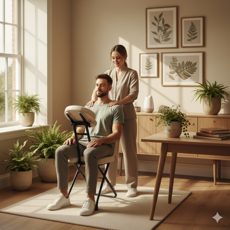 A calm office in Stoke on Trent with natural afternoon light, a therapist offering a short chair massage near a neat desk, soft plants and warm neutral tones, relaxed posture and peaceful facial expression, the atmosphere balanced and focused.