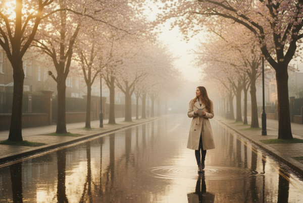 Early morning in Newcastle-under-Lyme, sunlight breaking through light mist. A quiet street with trees blooming, reflections on wet pavement, a woman walking slowly holding a coffee cup. The air feels fresh, golden, and alive — calm and cinematic.
