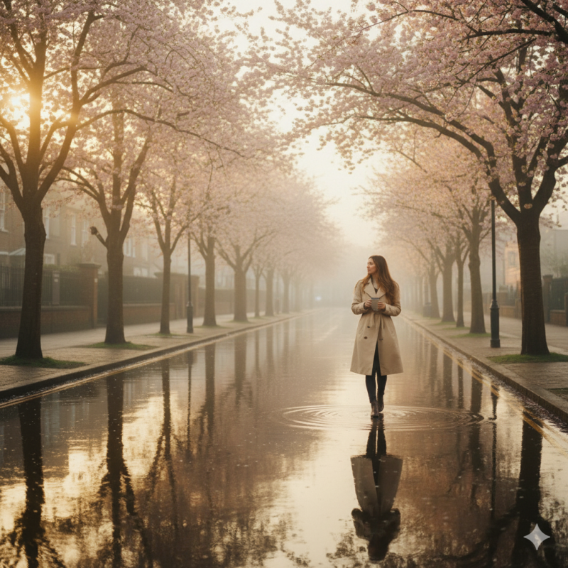 Early morning in Newcastle-under-Lyme, sunlight breaking through light mist. A quiet street with trees blooming, reflections on wet pavement, a woman walking slowly holding a coffee cup. The air feels fresh, golden, and alive — calm and cinematic.