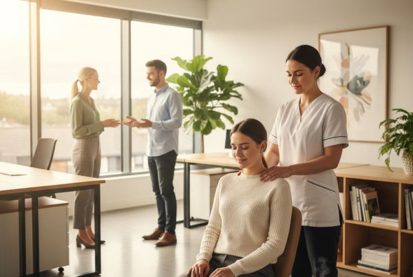 Ultra-realistic cinematic photograph of a bright modern office in Stoke on Trent during a peaceful Monday morning. A professional massage therapist gently offers a short chair massage to an employee dressed in elegant business casual, sitting with eyes closed and a serene smile. Golden natural sunlight enters through large windows, illuminating soft wooden textures, green indoor plants, and a cup of coffee steaming gently on a desk. In the background, two coworkers exchange a warm greeting, their posture relaxed and open. The entire scene radiates harmony, focus, and renewal — a visual metaphor for mindful beginnings and balanced energy at work. Captured in high-detail 8K style, shallow depth of field, soft shadows, warm tones, minimalist aesthetic, atmosphere of peace and motivation.
