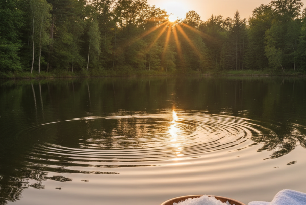 A calm evening scene near a lake surrounded by trees. A small bowl filled with coarse magnesium bath salts rests on a wooden dock, reflecting soft golden light from the sunset. Ripples move gently across the water, symbolising release and balance. Nearby, a white towel and a sprig of lavender lie folded neatly. The mood feels warm, clean, and peaceful — a quiet metaphor for relaxation and restoration.
