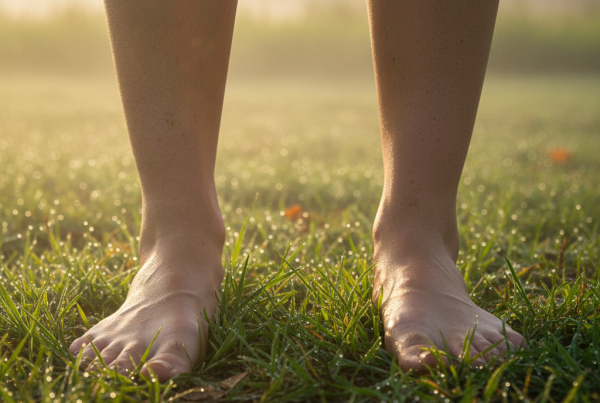 A barefoot person stands on damp grass after rain, morning light reflecting on tiny water drops. Focus on feet touching the earth, with subtle light and mist. The scene feels alive, grounded, sensory, and full of quiet strength.