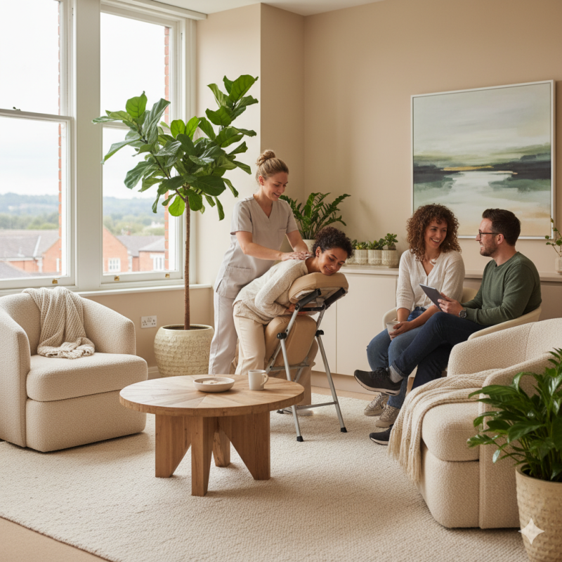 A calm, light-filled office space in Stoke on Trent. A massage therapist offers a short chair massage while two colleagues share a gentle laugh nearby. Natural daylight, soft beige furniture, green plants, and a warm sense of harmony and trust fill the scene.
