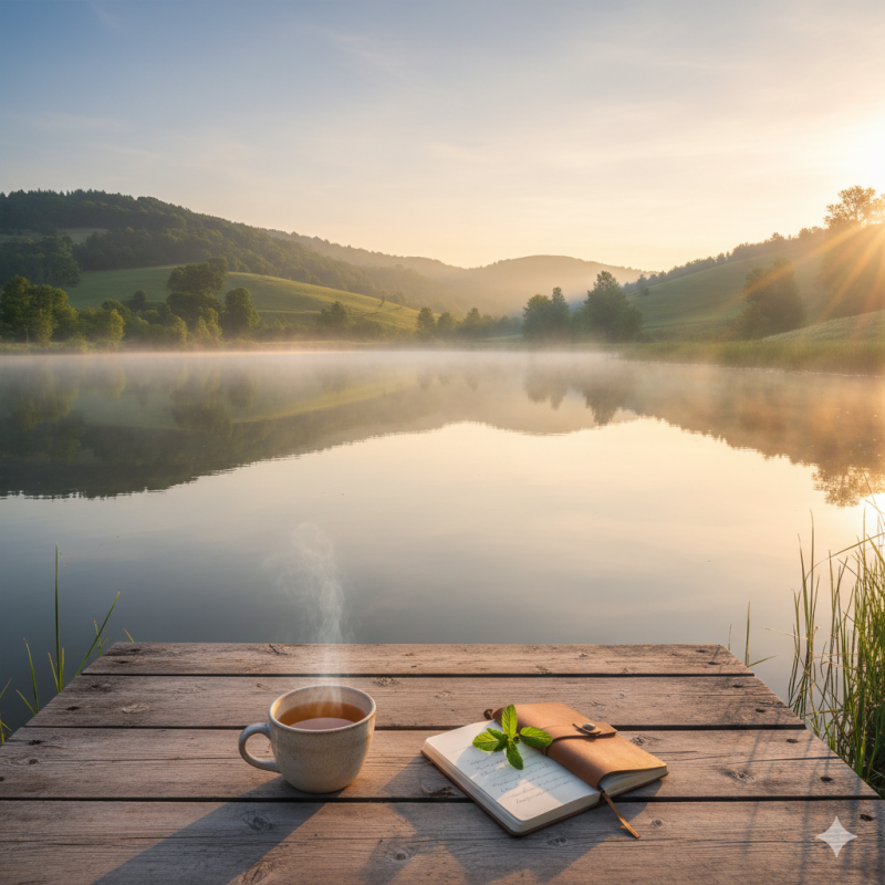A quiet morning scene by a clear lake surrounded by soft green hills. Mist rises gently from the surface of the water, catching the first golden light of sunrise. On a wooden dock lies a cup of herbal tea beside a notebook and a single sprig of fresh mint. The reflection of the sky in the water creates a feeling of openness and clarity. The scene feels fresh, restorative, and full of potential — a visual symbol of energy returning through stillness.